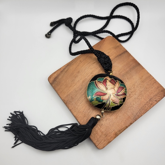 Unsigned Jewelry - Lotus Flower Cloisonné Pendant Necklace with Black Tassel
